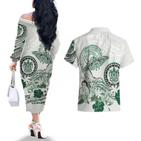 Polynesian Manta Ray Couples Matching Off The Shoulder Long Sleeve Dress and Hawaiian Shirt Green Floral Turtle Tattoo LT9 - Polynesian Pride