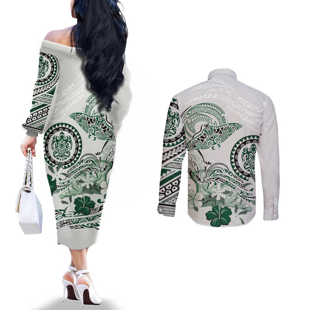 Polynesian Manta Ray Couples Matching Off The Shoulder Long Sleeve Dress and Long Sleeve Button Shirt Green Floral Turtle Tattoo LT9 - Polynesian Pride