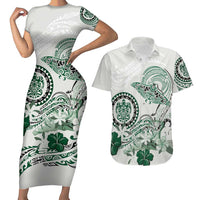 Polynesian Manta Ray Couples Matching Short Sleeve Bodycon Dress and Hawaiian Shirt Green Floral Turtle Tattoo LT9 Green - Polynesian Pride
