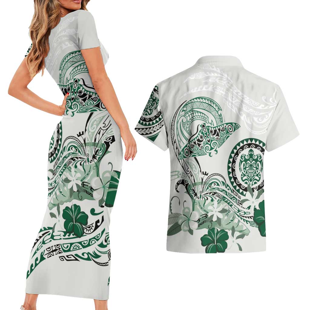 Polynesian Manta Ray Couples Matching Short Sleeve Bodycon Dress and Hawaiian Shirt Green Floral Turtle Tattoo LT9 - Polynesian Pride