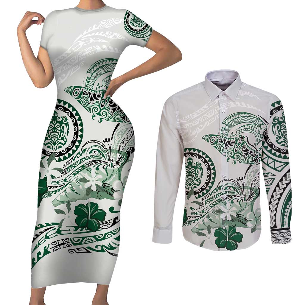 Polynesian Manta Ray Couples Matching Short Sleeve Bodycon Dress and Long Sleeve Button Shirt Green Floral Turtle Tattoo LT9 Green - Polynesian Pride