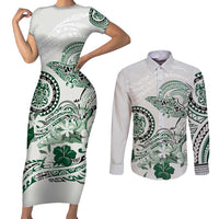 Polynesian Manta Ray Couples Matching Short Sleeve Bodycon Dress and Long Sleeve Button Shirt Green Floral Turtle Tattoo LT9 Green - Polynesian Pride
