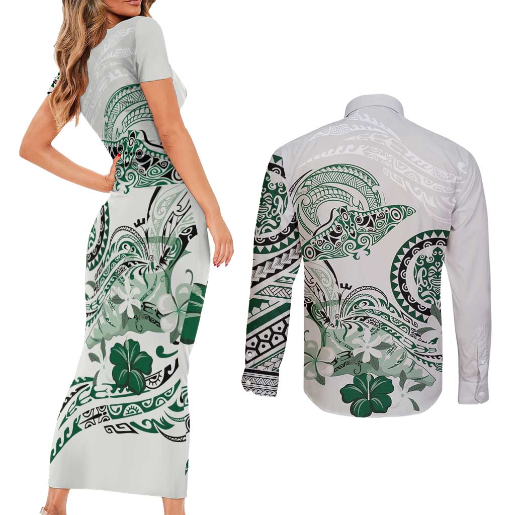 Polynesian Manta Ray Couples Matching Short Sleeve Bodycon Dress and Long Sleeve Button Shirt Green Floral Turtle Tattoo LT9 - Polynesian Pride