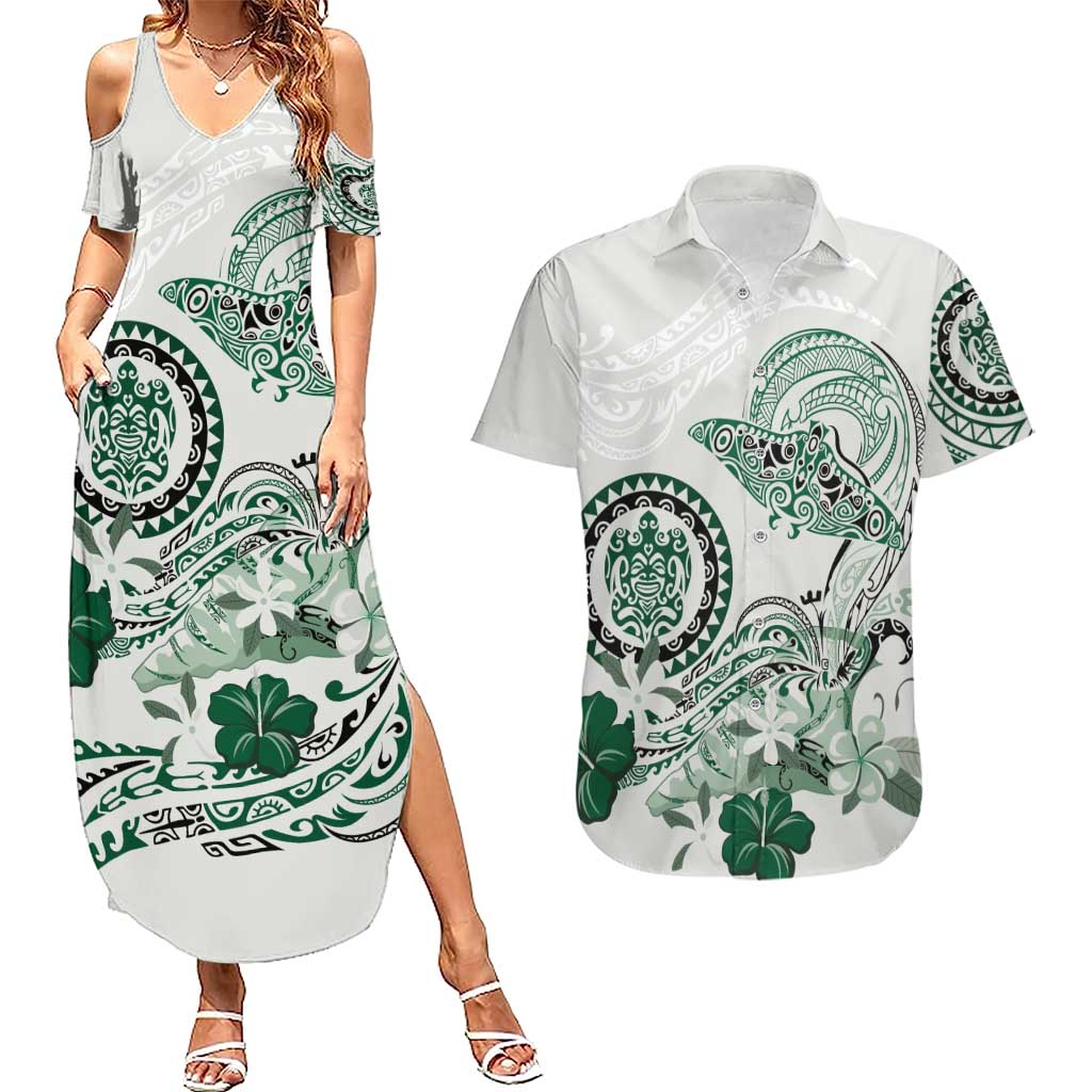 Polynesian Manta Ray Couples Matching Summer Maxi Dress and Hawaiian Shirt Green Floral Turtle Tattoo LT9 Green - Polynesian Pride