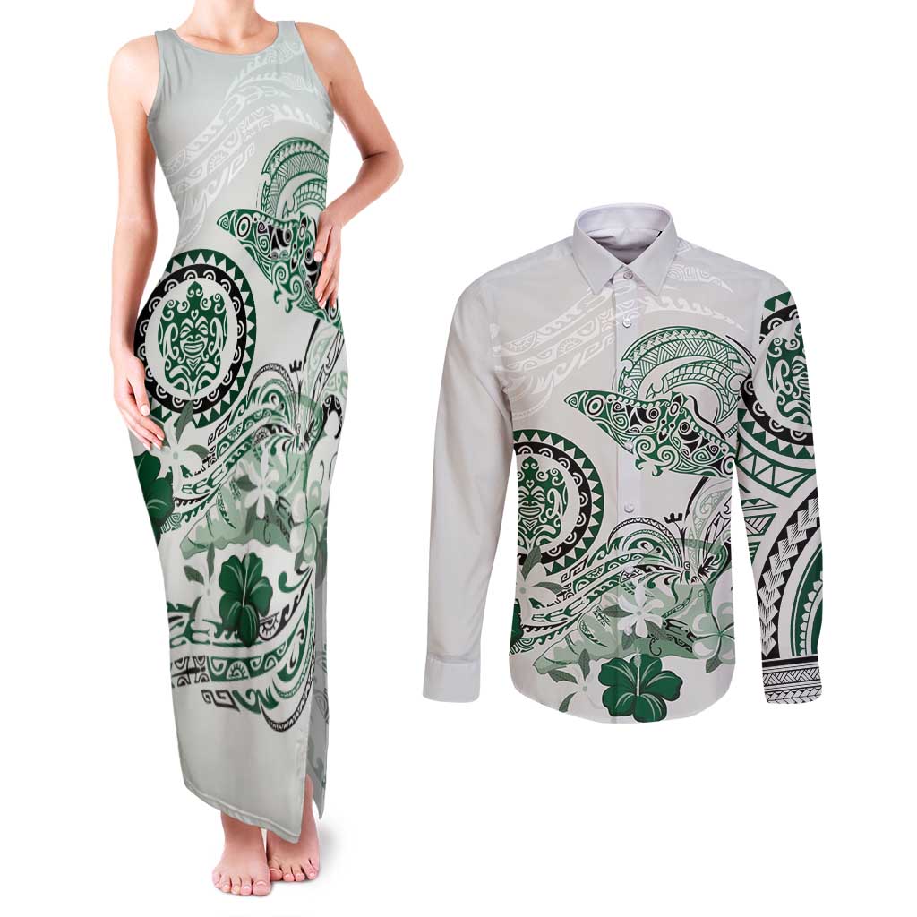 Polynesian Manta Ray Couples Matching Tank Maxi Dress and Long Sleeve Button Shirt Green Floral Turtle Tattoo LT9 Green - Polynesian Pride