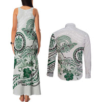 Polynesian Manta Ray Couples Matching Tank Maxi Dress and Long Sleeve Button Shirt Green Floral Turtle Tattoo LT9 - Polynesian Pride