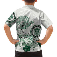 Polynesian Manta Ray Family Matching Long Sleeve Bodycon Dress and Hawaiian Shirt Green Floral Turtle Tattoo LT9 - Polynesian Pride