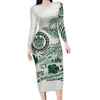 Polynesian Manta Ray Family Matching Long Sleeve Bodycon Dress and Hawaiian Shirt Green Floral Turtle Tattoo LT9 Mom's Dress Green - Polynesian Pride