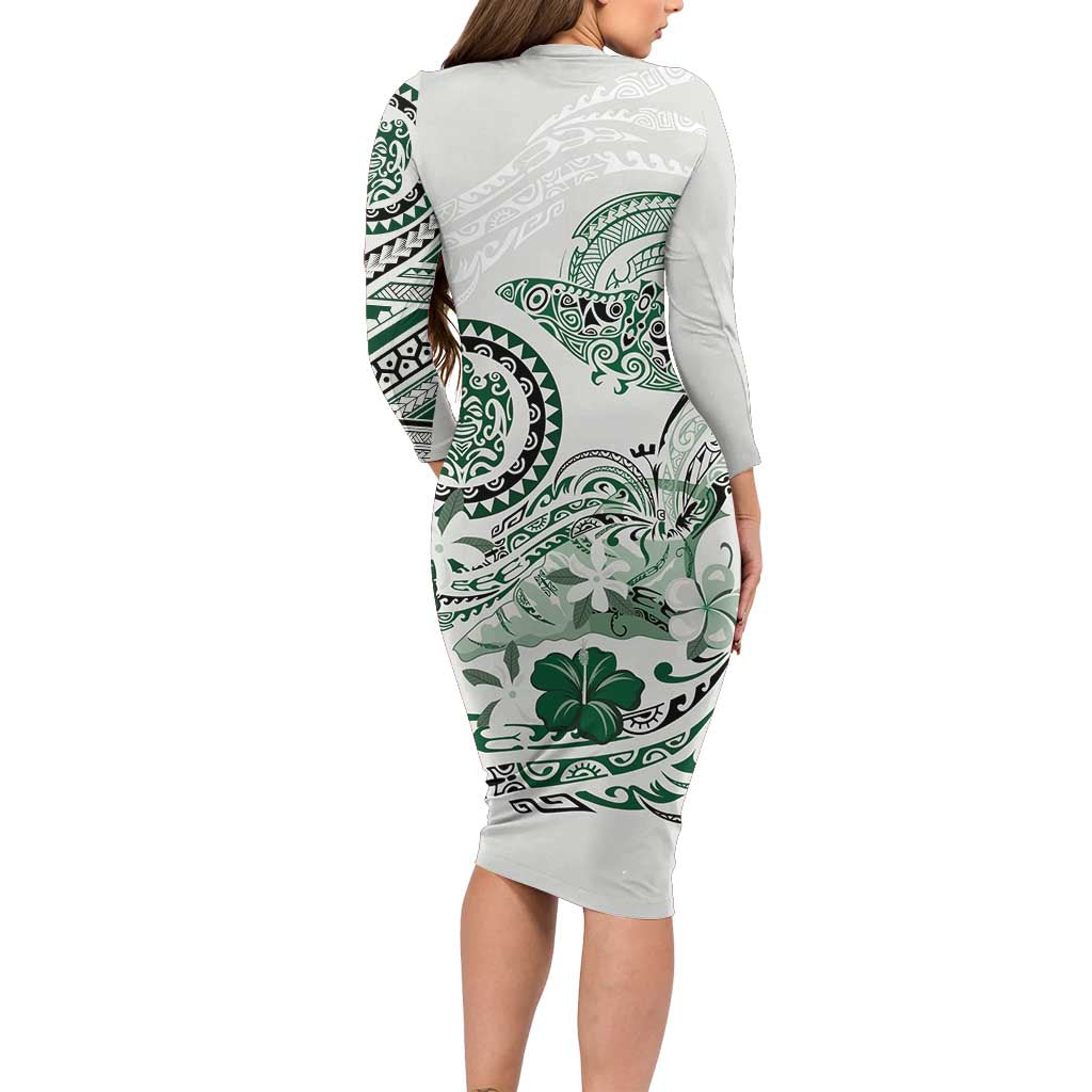 Polynesian Manta Ray Family Matching Long Sleeve Bodycon Dress and Hawaiian Shirt Green Floral Turtle Tattoo LT9 - Polynesian Pride