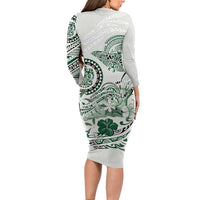 Polynesian Manta Ray Family Matching Long Sleeve Bodycon Dress and Hawaiian Shirt Green Floral Turtle Tattoo LT9 - Polynesian Pride