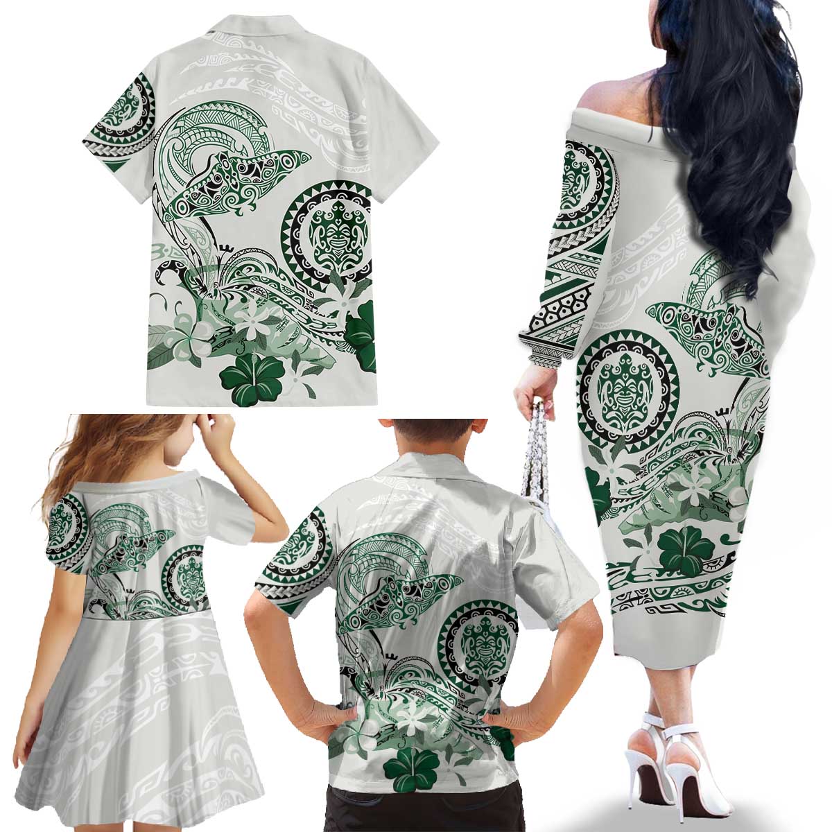 Polynesian Manta Ray Family Matching Off The Shoulder Long Sleeve Dress and Hawaiian Shirt Green Floral Turtle Tattoo LT9 - Polynesian Pride