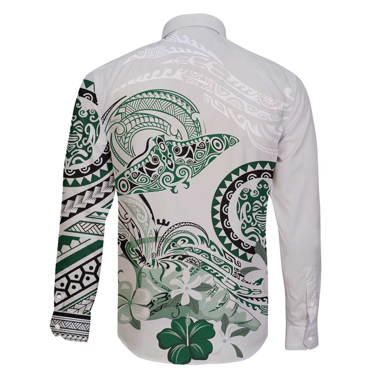 Polynesian Manta Ray Family Matching Off The Shoulder Long Sleeve Dress and Hawaiian Shirt Green Floral Turtle Tattoo LT9 - Polynesian Pride