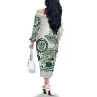 Polynesian Manta Ray Family Matching Off The Shoulder Long Sleeve Dress and Hawaiian Shirt Green Floral Turtle Tattoo LT9 - Polynesian Pride