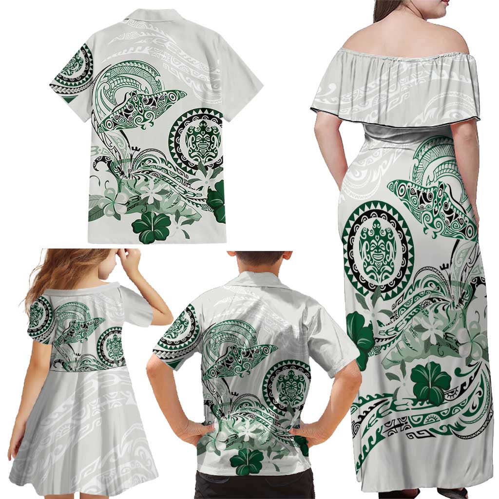 Polynesian Manta Ray Family Matching Off Shoulder Maxi Dress and Hawaiian Shirt Green Floral Turtle Tattoo LT9 - Polynesian Pride