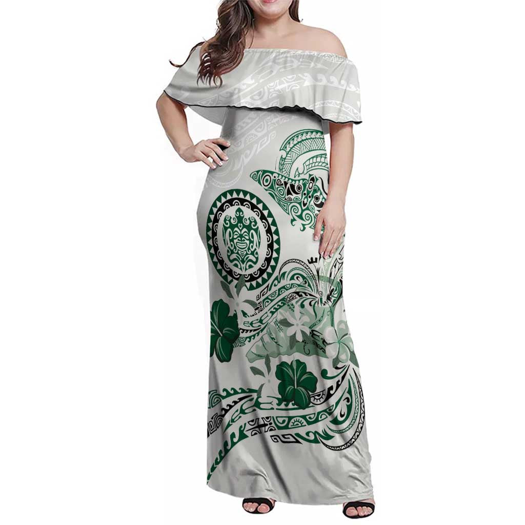 Polynesian Manta Ray Family Matching Off Shoulder Maxi Dress and Hawaiian Shirt Green Floral Turtle Tattoo LT9 Mom's Dress Green - Polynesian Pride