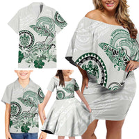 Polynesian Manta Ray Family Matching Off Shoulder Short Dress and Hawaiian Shirt Green Floral Turtle Tattoo LT9 - Polynesian Pride