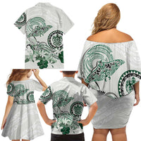 Polynesian Manta Ray Family Matching Off Shoulder Short Dress and Hawaiian Shirt Green Floral Turtle Tattoo LT9 - Polynesian Pride