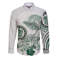 Polynesian Manta Ray Family Matching Off Shoulder Short Dress and Hawaiian Shirt Green Floral Turtle Tattoo LT9 Dad's Shirt - Long Sleeve Green - Polynesian Pride