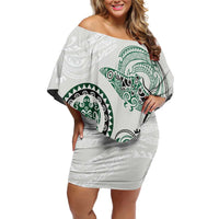 Polynesian Manta Ray Family Matching Off Shoulder Short Dress and Hawaiian Shirt Green Floral Turtle Tattoo LT9 Mom's Dress Green - Polynesian Pride