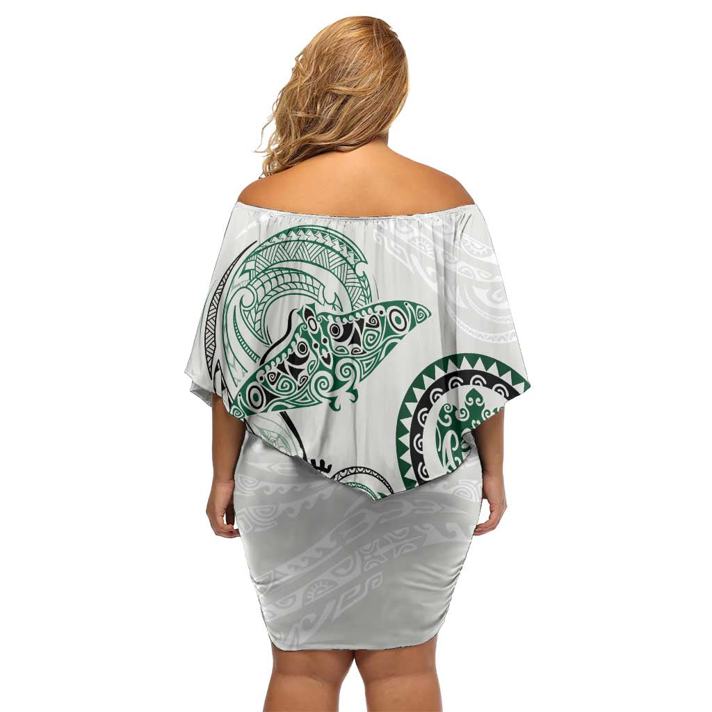 Polynesian Manta Ray Family Matching Off Shoulder Short Dress and Hawaiian Shirt Green Floral Turtle Tattoo LT9 - Polynesian Pride