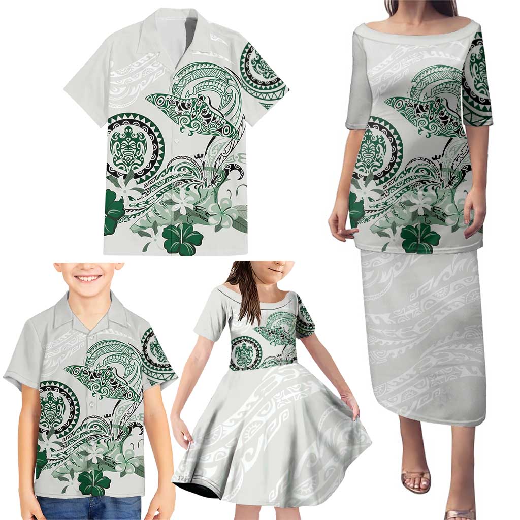 Polynesian Manta Ray Family Matching Puletasi and Hawaiian Shirt Green Floral Turtle Tattoo LT9 - Polynesian Pride