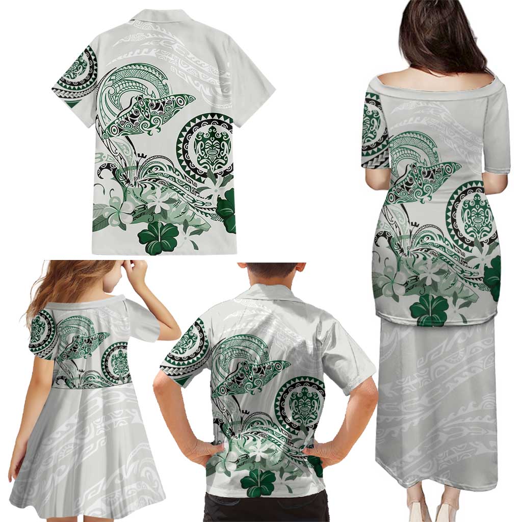 Polynesian Manta Ray Family Matching Puletasi and Hawaiian Shirt Green Floral Turtle Tattoo LT9 - Polynesian Pride