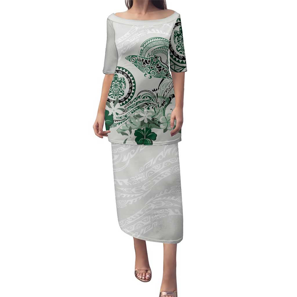 Polynesian Manta Ray Family Matching Puletasi and Hawaiian Shirt Green Floral Turtle Tattoo LT9 Mom's Dress Green - Polynesian Pride