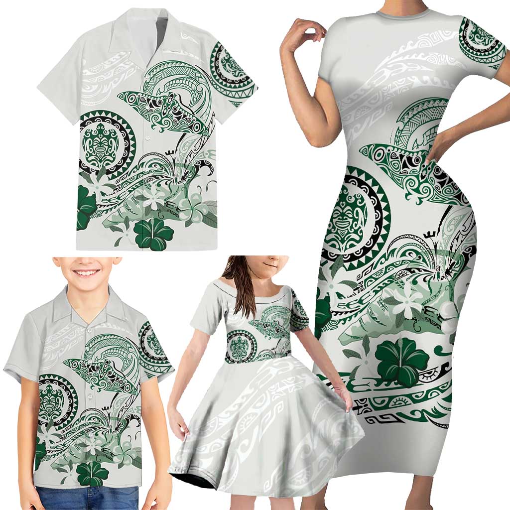Polynesian Manta Ray Family Matching Short Sleeve Bodycon Dress and Hawaiian Shirt Green Floral Turtle Tattoo LT9 - Polynesian Pride