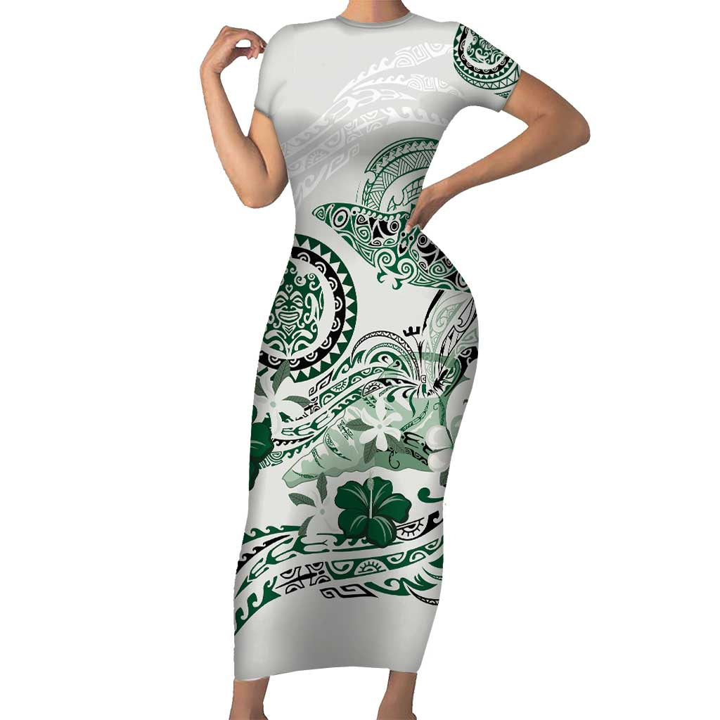 Polynesian Manta Ray Family Matching Short Sleeve Bodycon Dress and Hawaiian Shirt Green Floral Turtle Tattoo LT9 Mom's Dress Green - Polynesian Pride