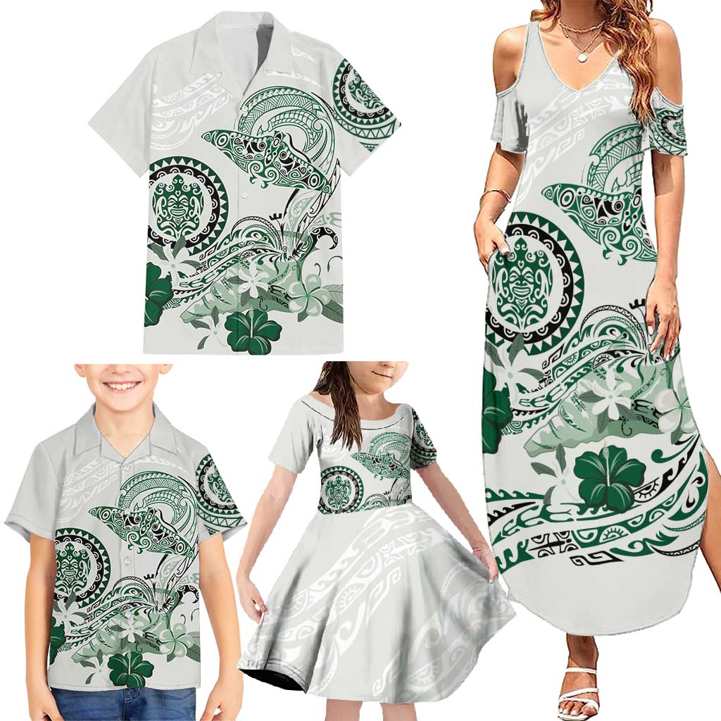 Polynesian Manta Ray Family Matching Summer Maxi Dress and Hawaiian Shirt Green Floral Turtle Tattoo LT9 - Polynesian Pride