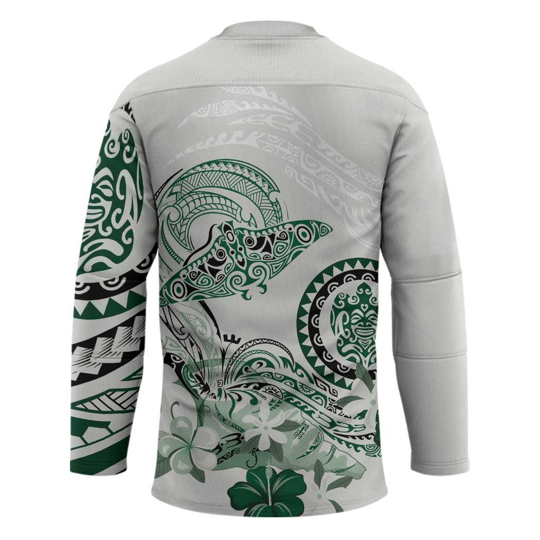 Polynesian Manta Ray Hockey Jersey Green Floral Turtle Tattoo - Polynesian Pride