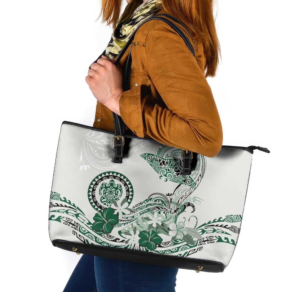 Polynesian Manta Ray Leather Tote Bag Green Floral Turtle Tattoo - Polynesian Pride