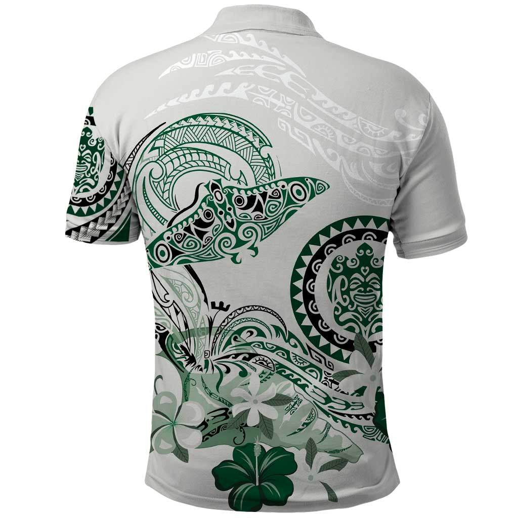 Polynesian Manta Ray Polo Shirt Green Floral Turtle Tattoo - Polynesian Pride