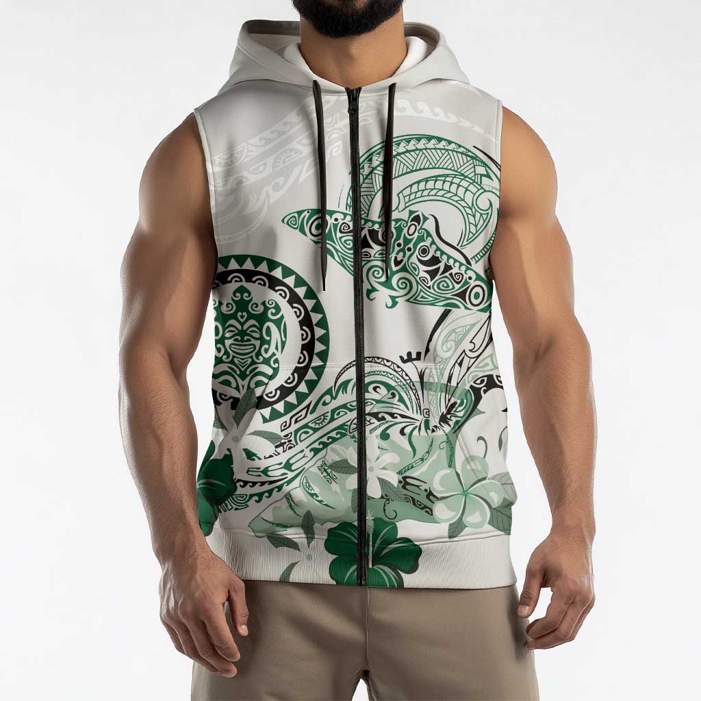 Polynesian Manta Ray Sleeveless Zip Hoodie Green Floral Turtle Tattoo - Polynesian Pride