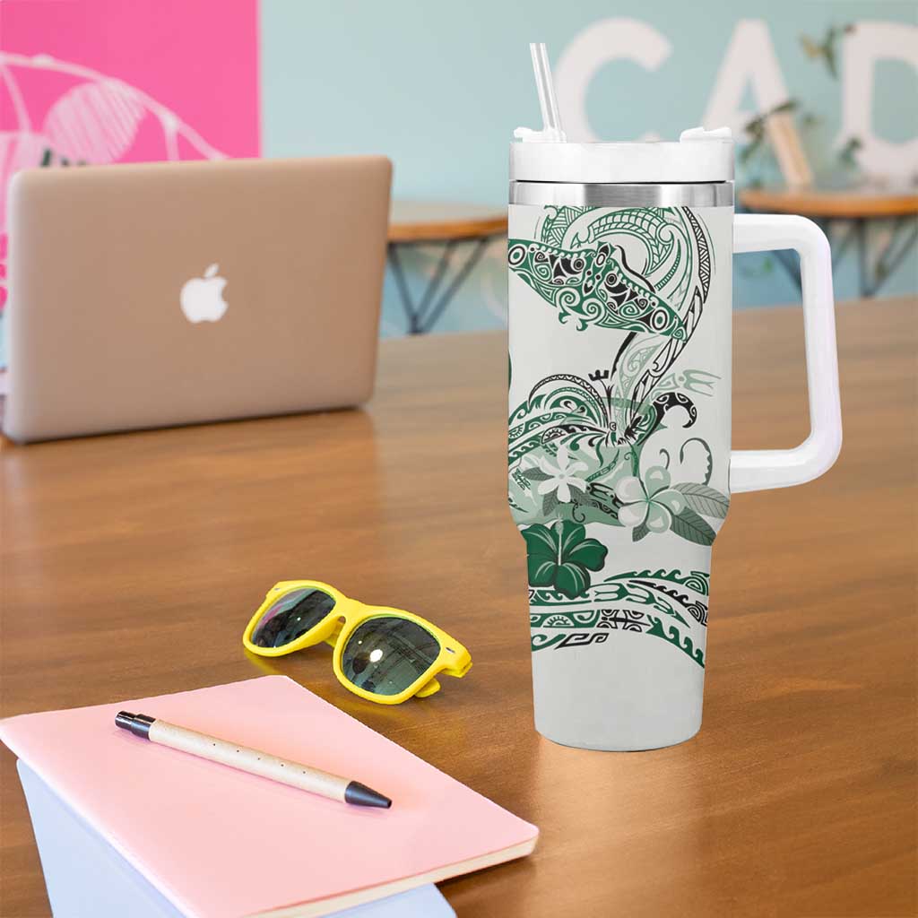 Polynesian Manta Ray Tumbler With Handle Green Floral Turtle Tattoo - Polynesian Pride