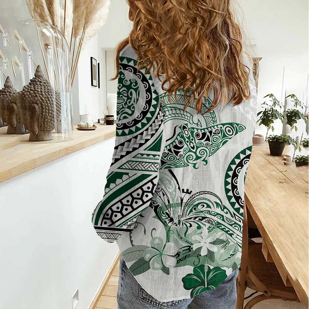 Polynesian Manta Ray Women Casual Shirt Green Floral Turtle Tattoo - Polynesian Pride