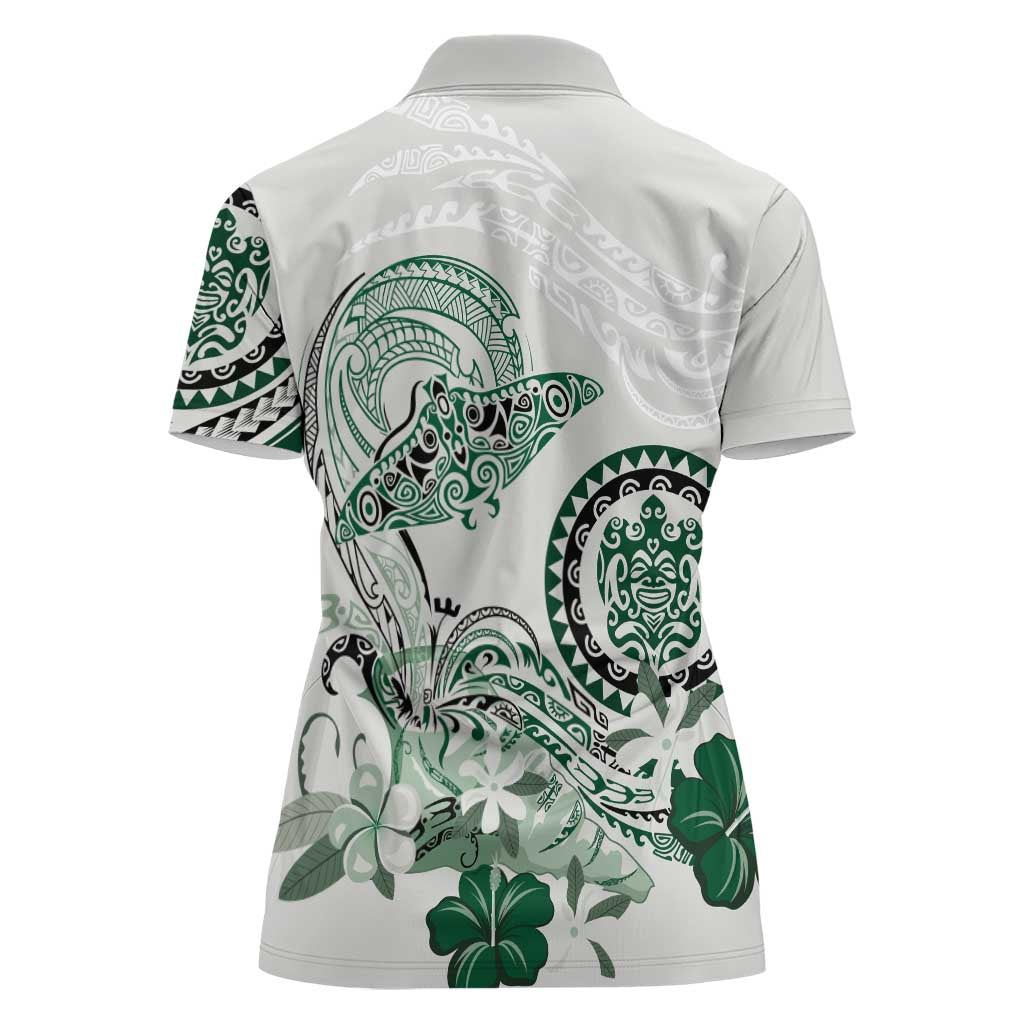 Polynesian Manta Ray Women Polo Shirt Green Floral Turtle Tattoo - Polynesian Pride