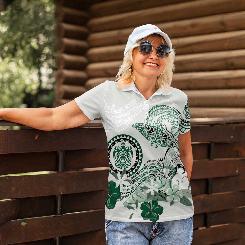 Polynesian Manta Ray Women Polo Shirt Green Floral Turtle Tattoo - Polynesian Pride