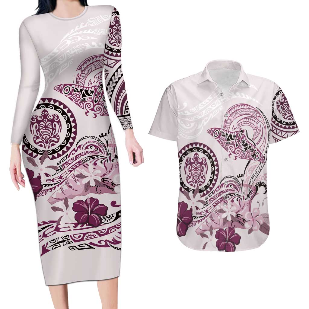 Polynesian Manta Ray Couples Matching Long Sleeve Bodycon Dress and Hawaiian Shirt Pink Floral Turtle Tattoo LT9 Pink - Polynesian Pride
