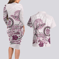 Polynesian Manta Ray Couples Matching Long Sleeve Bodycon Dress and Hawaiian Shirt Pink Floral Turtle Tattoo LT9 - Polynesian Pride
