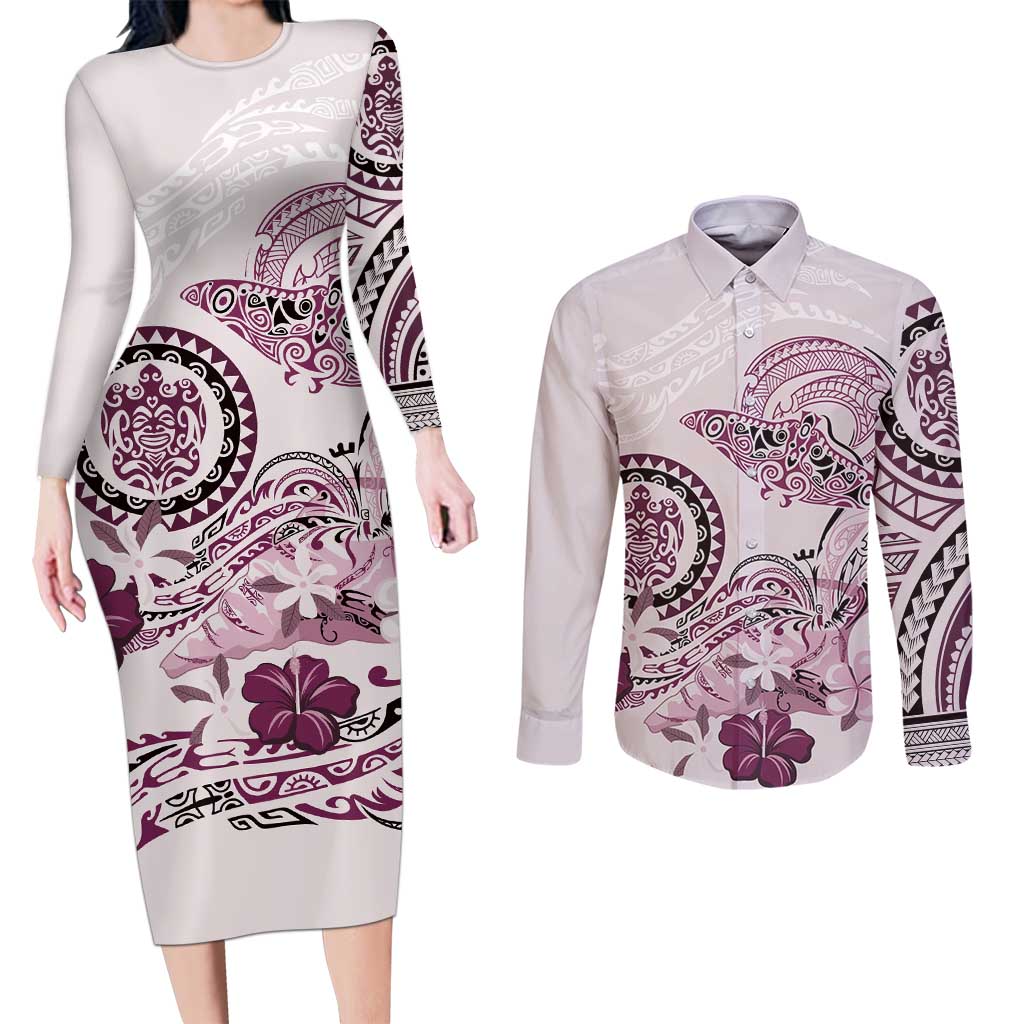 Polynesian Manta Ray Couples Matching Long Sleeve Bodycon Dress and Long Sleeve Button Shirt Pink Floral Turtle Tattoo LT9 Pink - Polynesian Pride
