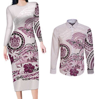 Polynesian Manta Ray Couples Matching Long Sleeve Bodycon Dress and Long Sleeve Button Shirt Pink Floral Turtle Tattoo LT9 Pink - Polynesian Pride