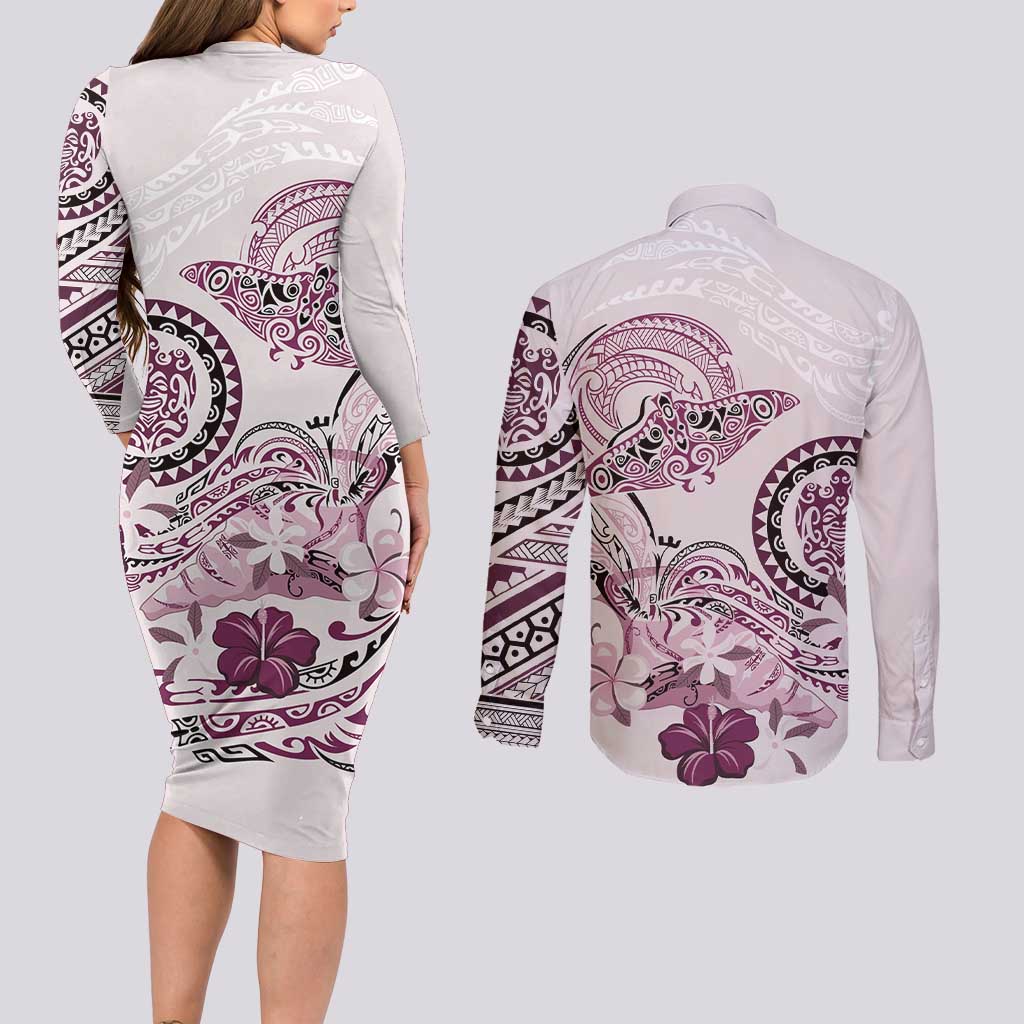 Polynesian Manta Ray Couples Matching Long Sleeve Bodycon Dress and Long Sleeve Button Shirt Pink Floral Turtle Tattoo LT9 - Polynesian Pride