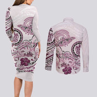 Polynesian Manta Ray Couples Matching Long Sleeve Bodycon Dress and Long Sleeve Button Shirt Pink Floral Turtle Tattoo LT9 - Polynesian Pride