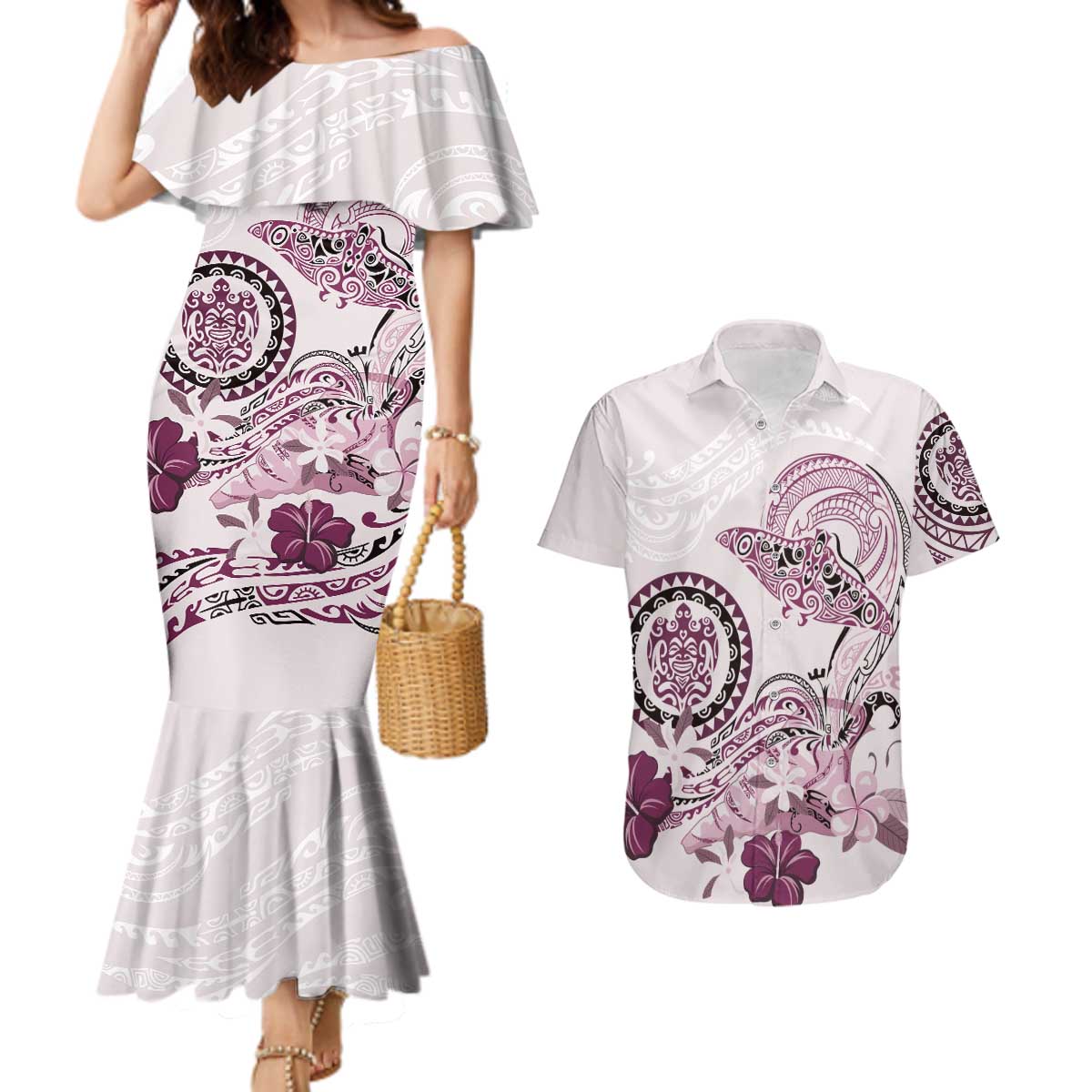 Polynesian Manta Ray Couples Matching Mermaid Dress and Hawaiian Shirt Pink Floral Turtle Tattoo LT9 Pink - Polynesian Pride