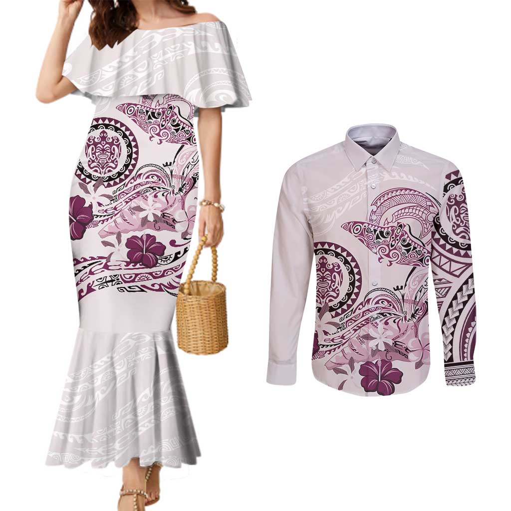 Polynesian Manta Ray Couples Matching Mermaid Dress and Long Sleeve Button Shirt Pink Floral Turtle Tattoo LT9 Pink - Polynesian Pride