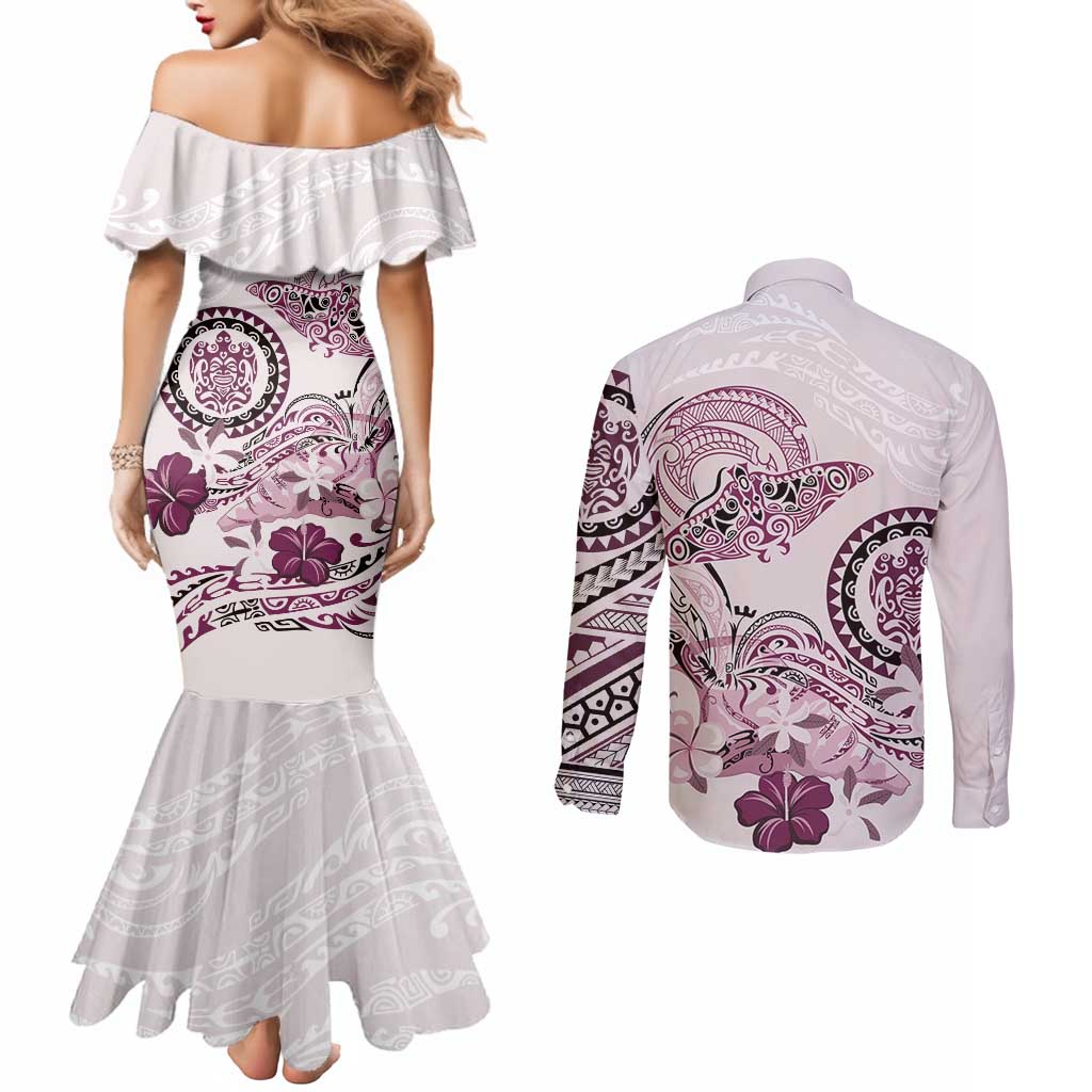 Polynesian Manta Ray Couples Matching Mermaid Dress and Long Sleeve Button Shirt Pink Floral Turtle Tattoo LT9 - Polynesian Pride