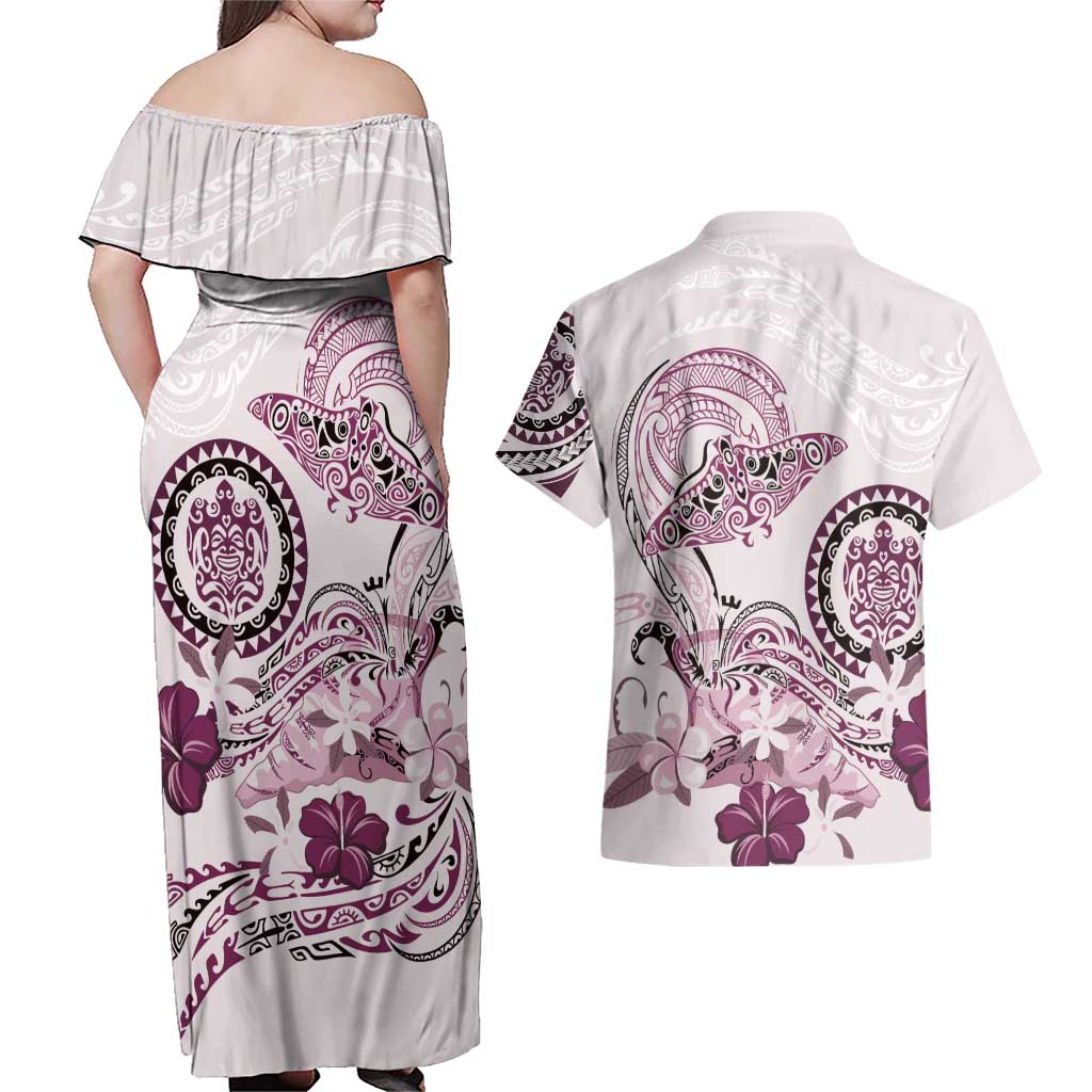 Polynesian Manta Ray Couples Matching Off Shoulder Maxi Dress and Hawaiian Shirt Pink Floral Turtle Tattoo LT9 - Polynesian Pride