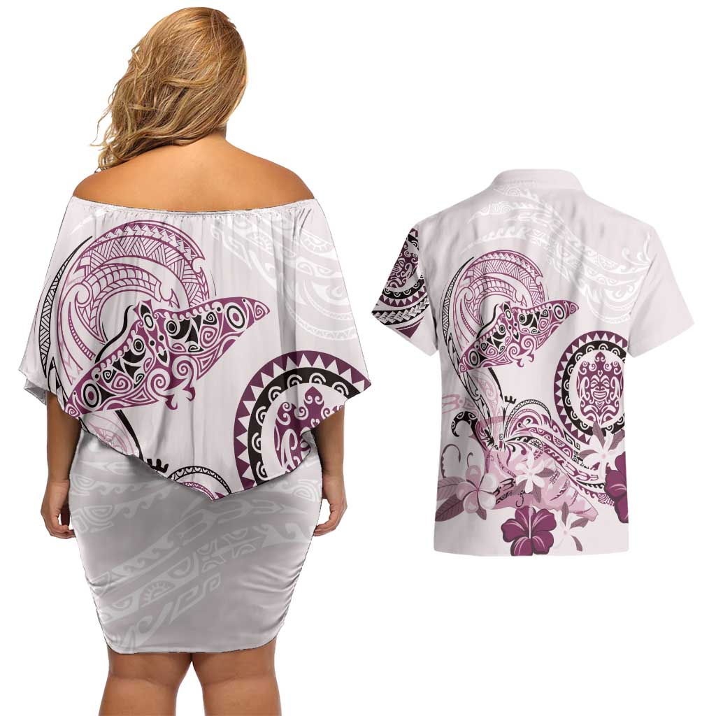 Polynesian Manta Ray Couples Matching Off Shoulder Short Dress and Hawaiian Shirt Pink Floral Turtle Tattoo LT9 - Polynesian Pride