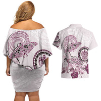 Polynesian Manta Ray Couples Matching Off Shoulder Short Dress and Hawaiian Shirt Pink Floral Turtle Tattoo LT9 - Polynesian Pride